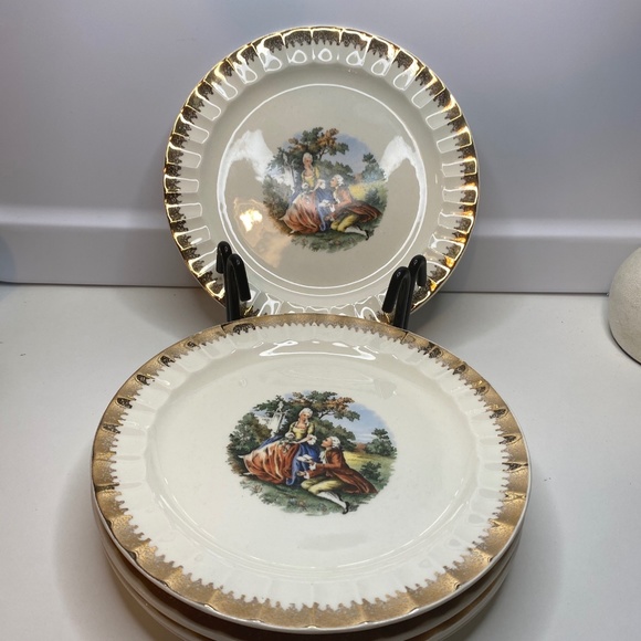 6 Cronin China Co. Salad Plates 7 1/4” Colonial Couple Gold Rim Minerva Ohio - Picture 1 of 10